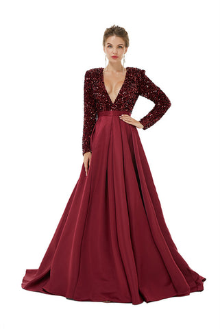 Long Sleeves Prom Dress V-Neck Slit With Sequins