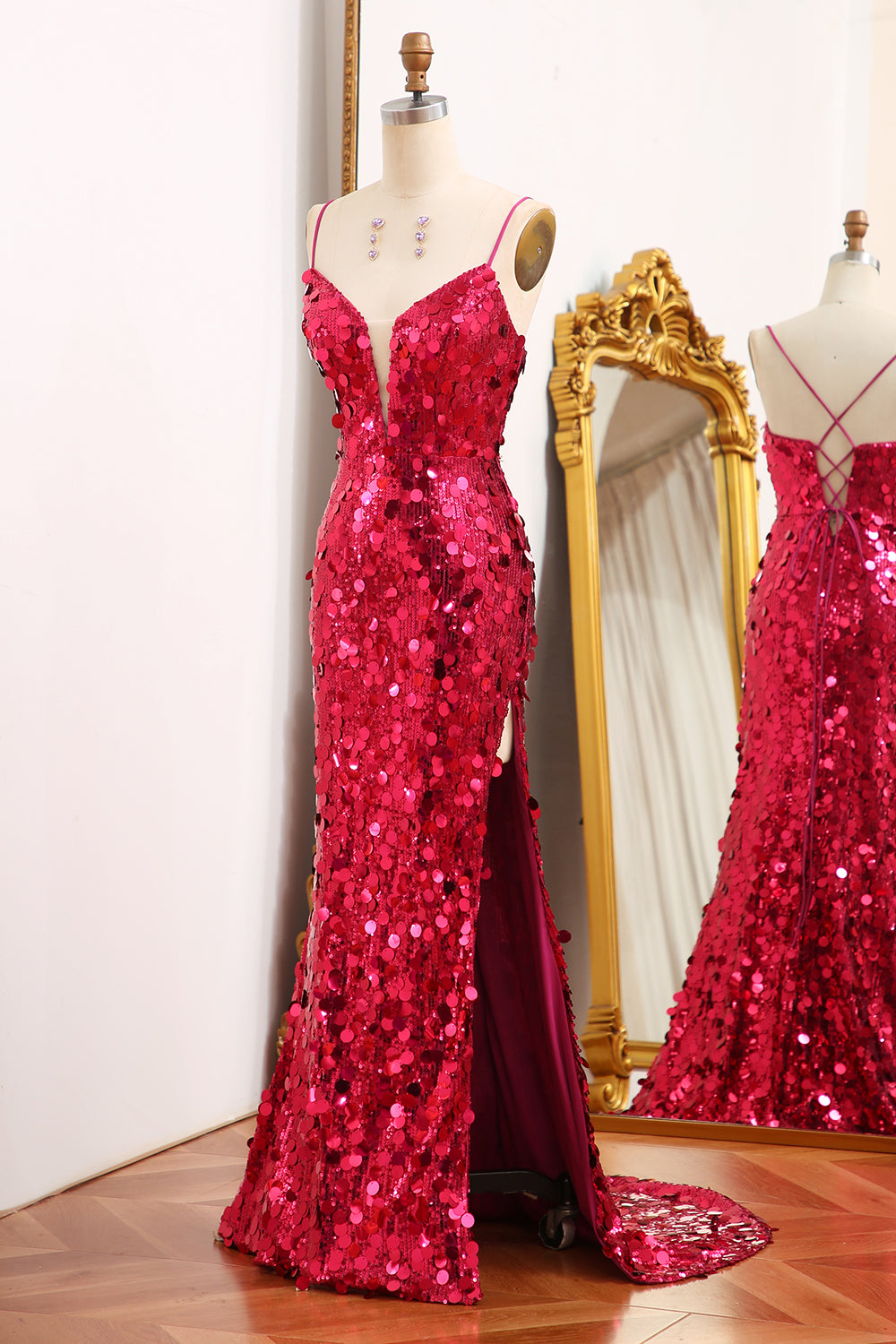 Sparkly Mermaid Spaghetti Straps Fuchsia Sequins Long Prom Dress with Split Front