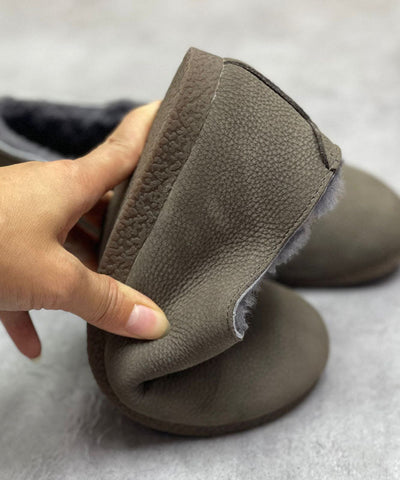 Coffee Boots Cowhide Leather Fuzzy Wool Lined Flat Boots