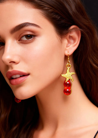 Beautiful Red Gem Stone Starfish Design Drop Earrings