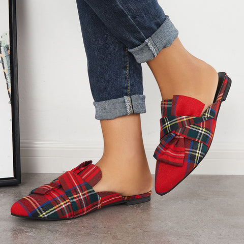 Pointed Toe Bowtie Flat Mule Loafers Walking Slippers