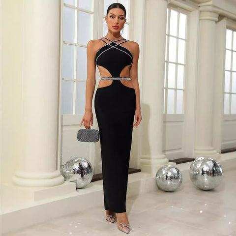 Verbandkleid sexy hohle Rautenseite freiliegende Taille Sling-Hüfte langes Kleid Cocktailkleid