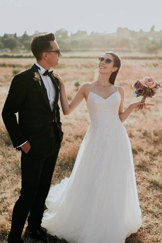 Bmbridal Spaghetti-Straps Lace Wedding Dress Beach Sleeveless Long