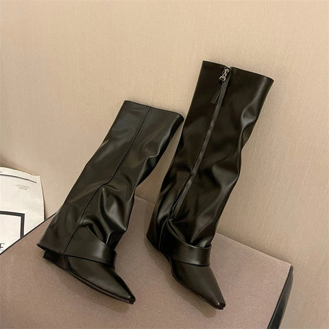 Designer Spring Women Pipe Boots Fashion Side Zippers Ladies Elegant Thick Heel Long Booties Women's Knee High Booties