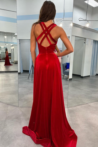 Langes Abendkleid in A-Linie aus Samt mit tiefem Ausschnitt und überkreuztem Rücken