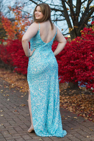 Sheath Spaghetti Straps Blue Sequins Long Prom Dress with Split Front