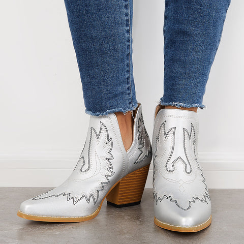 Western Ankle Cowgirl Boots Slip on Cutout Chunky Heel Booties