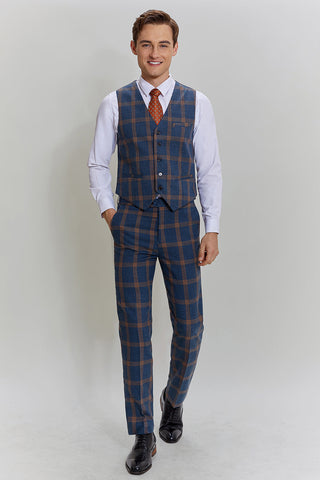 Grey Blue Men's 3 Piece Plaid Notched Lapel Prom Suits