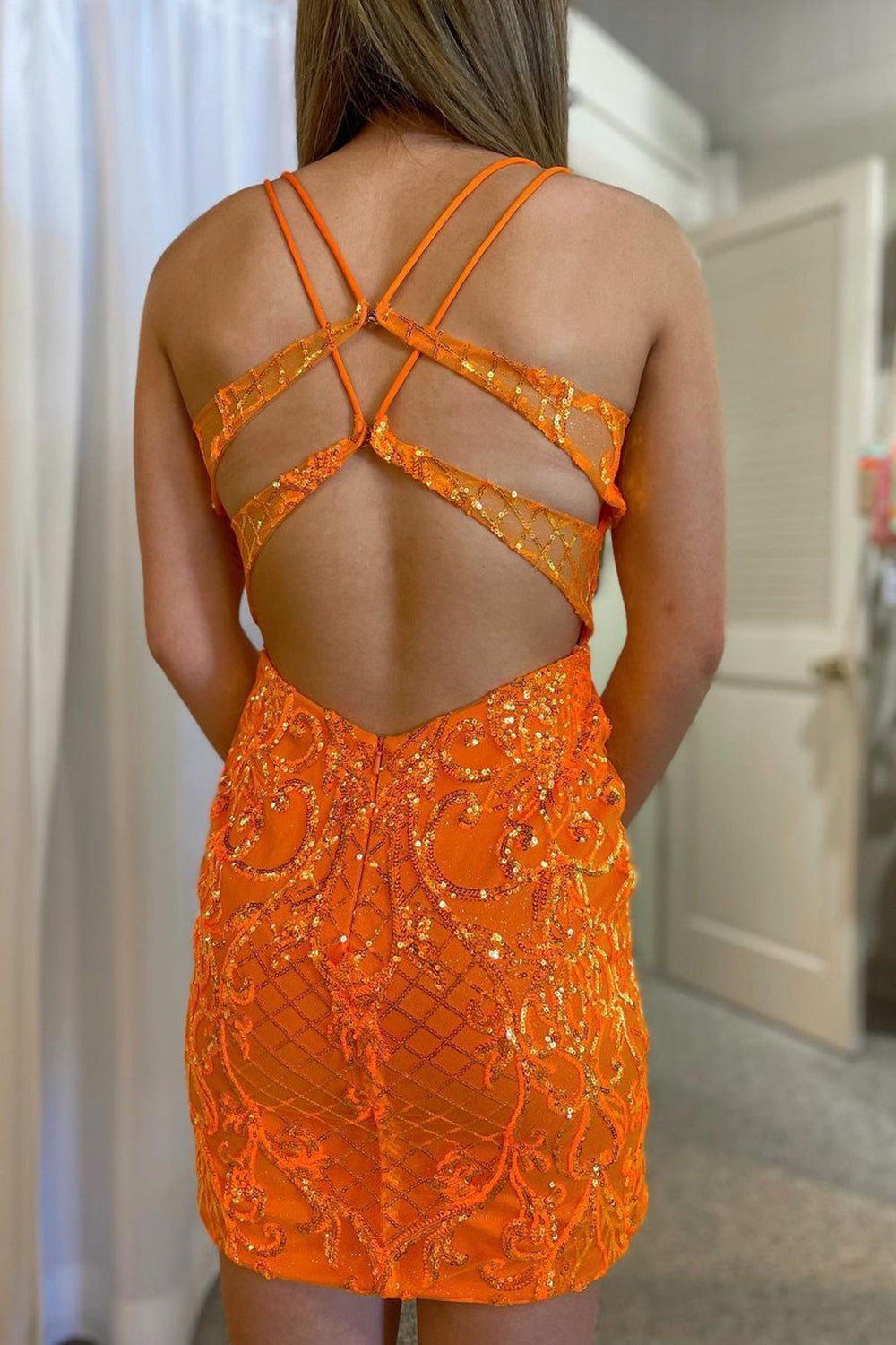 Bodycon Spaghetti Straps Orange Sequins Short Homecoming Dress with Open Back