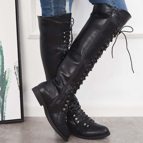 Chunky Heel Lace Up Over The Knee Thing High Riding Boots