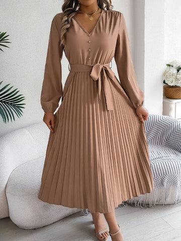 Plissiertes, gebundenes Midikleid mit V-Ausschnitt und langen Ärmeln