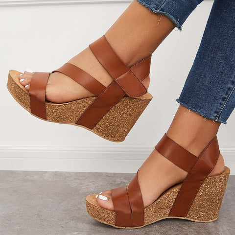 Cork Platform Wedges Ankle Strap Slingback Sandals