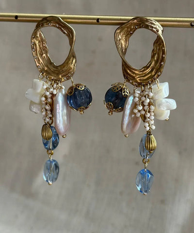 DIY Multicolor Copper Overgild Asymmetrical Beading Tassel Drop Earrings