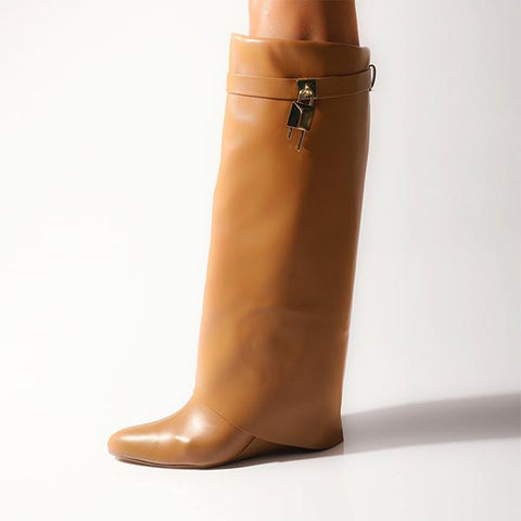 Women Pointed Toe Fold Over Wedge Heel Knee High Boots