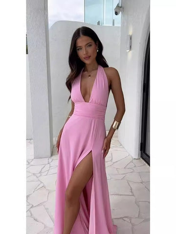 New Fashion Hanging Neck Split Lace Solid Color Dress for Women