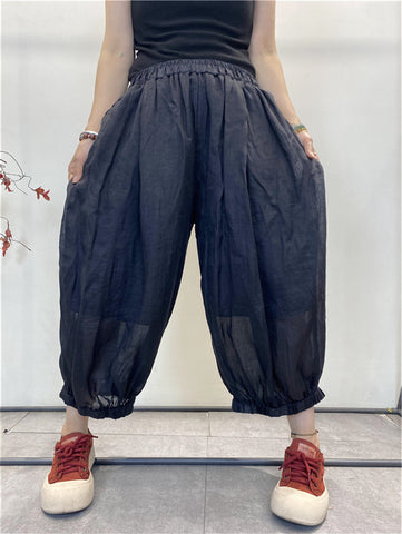 Women Summer Solid Thin Loose Pocket Pleat Cotton Pants