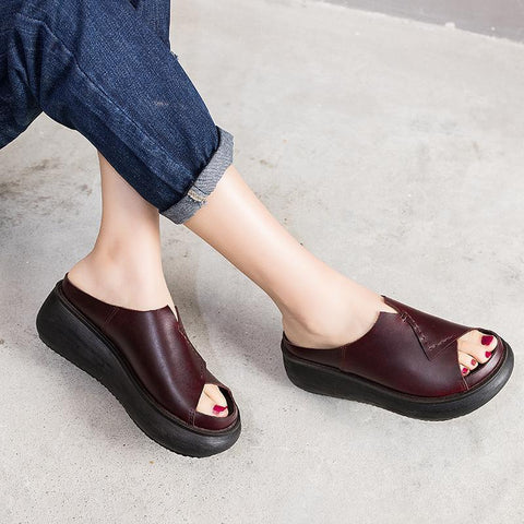 Women 2022 Sewing Platform Casual Leather Slippers