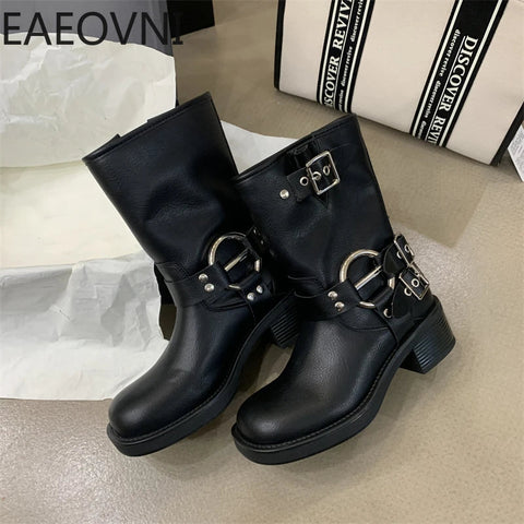 2024 Winter Short Boots For Women Fashion Belt Buckle Biker Boots Female Elegant Square Heel Women's Knight Bootties