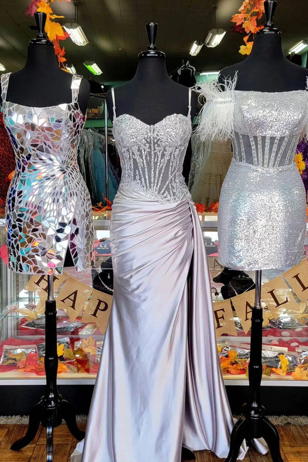 Mermaid Silver Spaghetti Straps Corset Prom Dress with Appliques