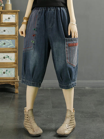 Women Summer Retro Patchwork Cotton Denim Shorts