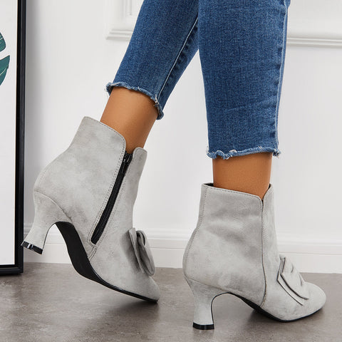 Bowknot Kittten Heel Ankle Boots Side Zipper Dress Short Booties