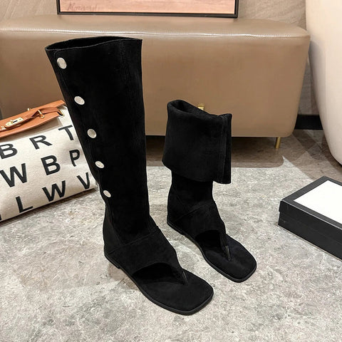 Vintage Western Cowboy Stacked Boots 2024 Summer Fashion Clip Toe Flats Sandalias Ladies Elegant Rome Style Long Booties