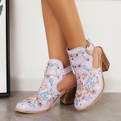 Pink Cutout Embroidered Chunky Heels Ankle Strap Slingback Sandals