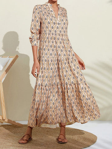 Bedrucktes, langärmliges Midikleid mit Einkerbungen