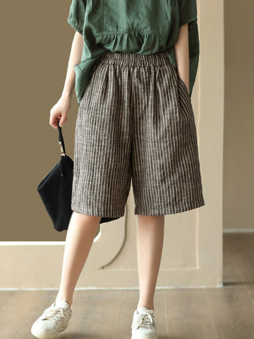 Women Summer Stripe Pocket Vintage Loose Linen Short Pants