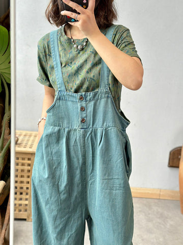 Women Summer Artsy Solid Button Pocket Stright-leg Jumpsuits