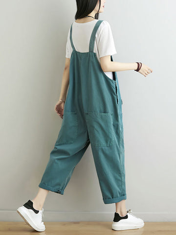 Women Summer Casual Solid Pocket Frayed Loose Jumpsuits