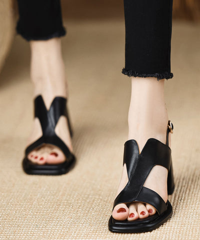 Handmade Splicing Buckle Strap Chunky Sandals Black Faux Leather