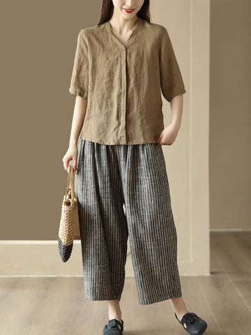 Plus Size Women Summer Vintage Stripe Pocket Loose Linen Harem Pants