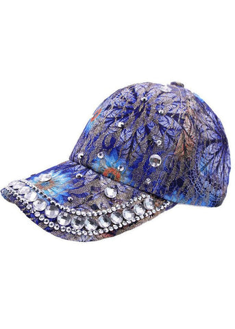 Schicke Baseballkappe aus Baumwolle mit Patchwork-Print in Blau mit Zirkonia