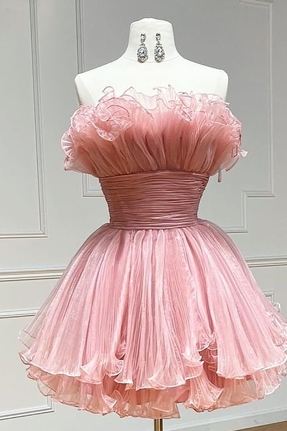 Gorgeous A Line Strapless Light Pink Short Homecoming Dress with Ruffles