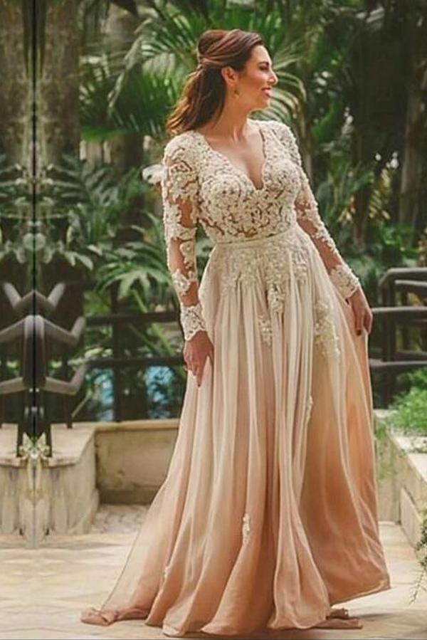 Bmbridal Long Sleeves Wedding Dress Lace V-Neck On Sale