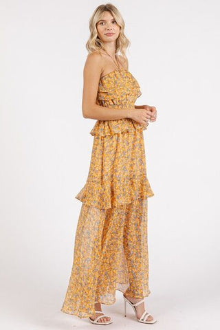 Tangerine Ruffled Floral Halter Neck Maxi Summer Dress