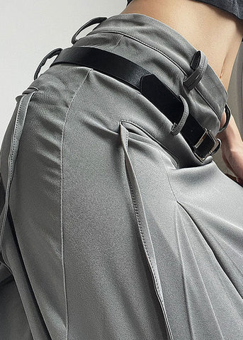 Streetwear Grey Wrinkled Tie Waist Patchwork Cotton Long Skirts Fall