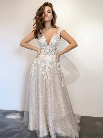 Lace A-line V-neck Sleeveless Sweep Train Wedding Dress, Bridal Gowns