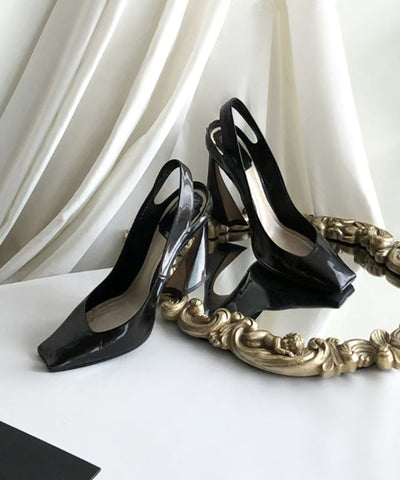 Boutique Splicing High Heel Sandalen Schwarzes Schaffell Square Toe