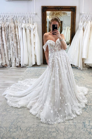 Bmbridal A-Line Princess Wedding Dress Off-the-Shoulder With Lace Appliques