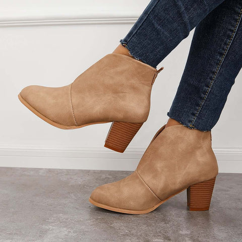 Retro Western V Cut Ankle Boots Slip On Chunky Stacked Heel Booties