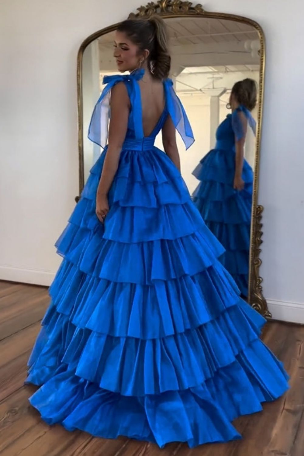 Princess A Line Deep V Neck Pink Prom Dress with Ruffles