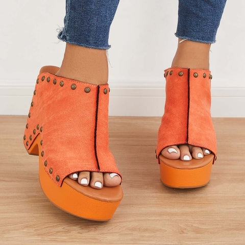 Retro Chunky Platform Heel Mules Slip on Sandals