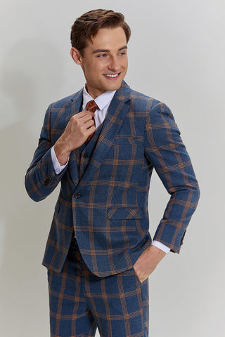 Grey Blue Men's 3 Piece Plaid Notched Lapel Prom Suits