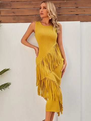 Sommergelbes Quastenkleid Hüftwickelkleid Verbandkleid