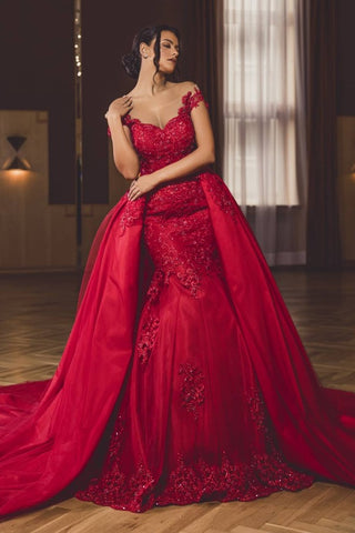 Bmbridal Red Off-the-Shoulder Prom Dress Lace Appliques With Overskirt