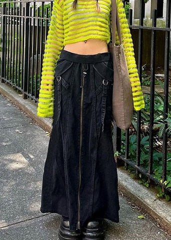 Style Black Zip Up Pockets Patchwork Denim Skirt Fall