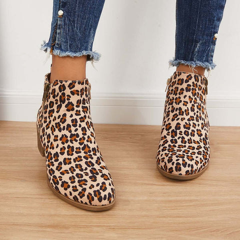 Chunky Block Heel Ankle Boots Side Zipper Booties