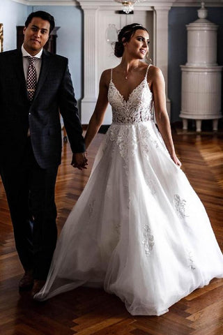 BMbridal Spaghetti-Straps Sleeveless Beach Wedding Dress With Appliques